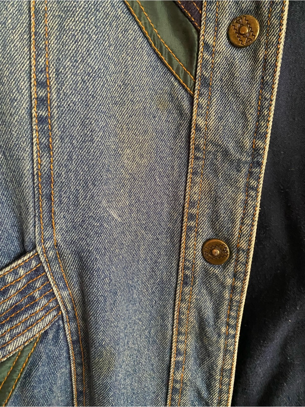 Denim Jacket with Green & Navy Accents - Women's Casual Coat - Picture 2 of 5